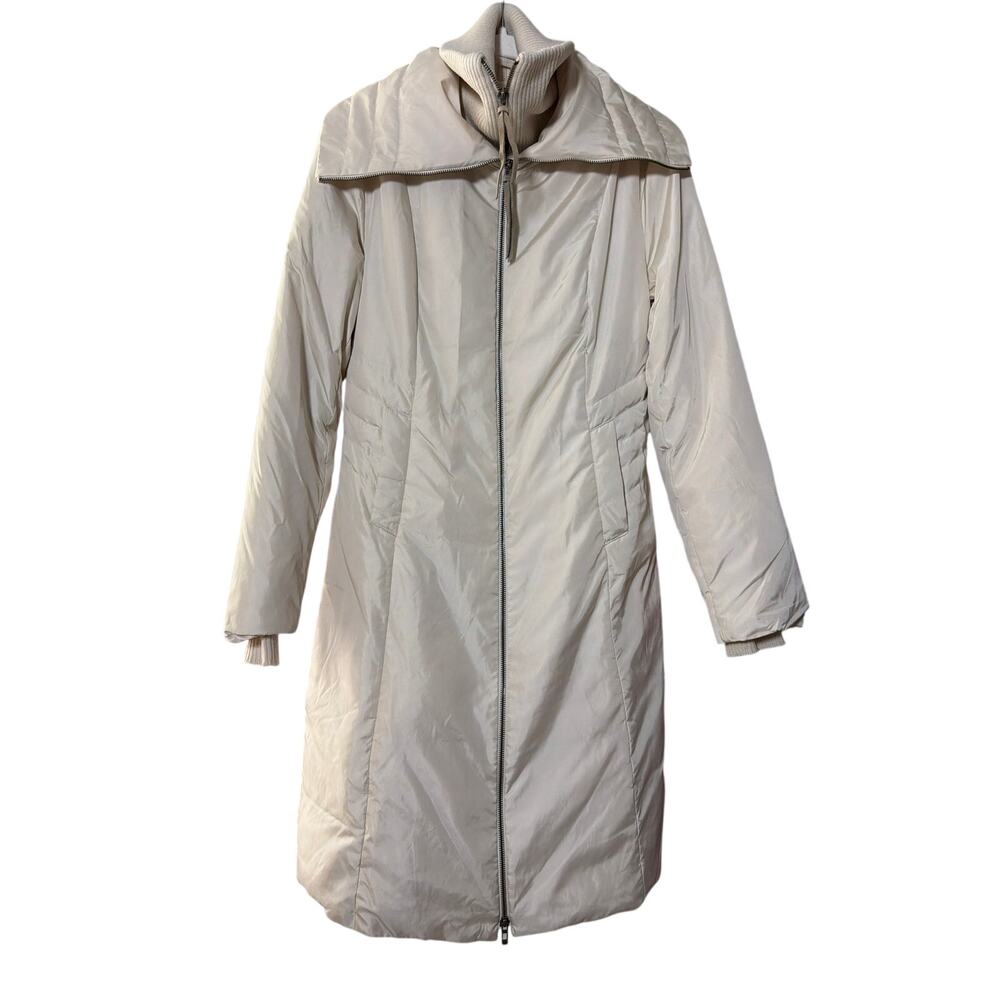 0199 BCBGMaxAzria Ivory Long Puffer Coat XS Knit Collar Zip
